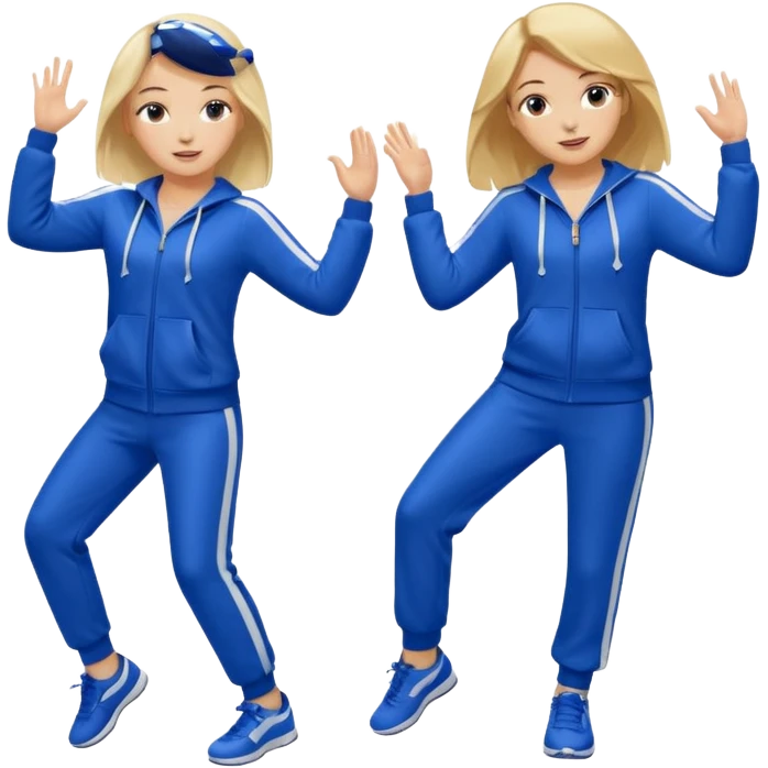 two girls dancing one is blond and one is brunette they are wearing royal blue track suits emoji