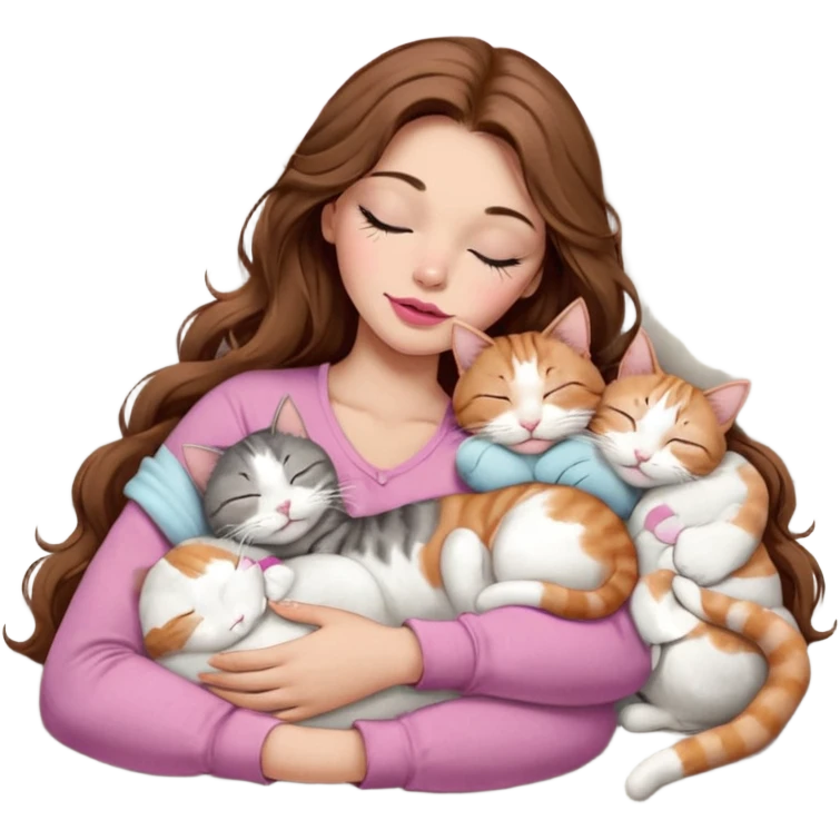 girl with long wavy brown hair, brown eyes, long lashes makeup, sexy pink lips, light to medium complexion,  sleeping on a cozy pillow, with 6 cats: 1 brown and white tabby cat, 1 ginger and white, 2 grey and white, 1 grey with white mittens and small white patch on chest and 1 calico, sleeping emoji