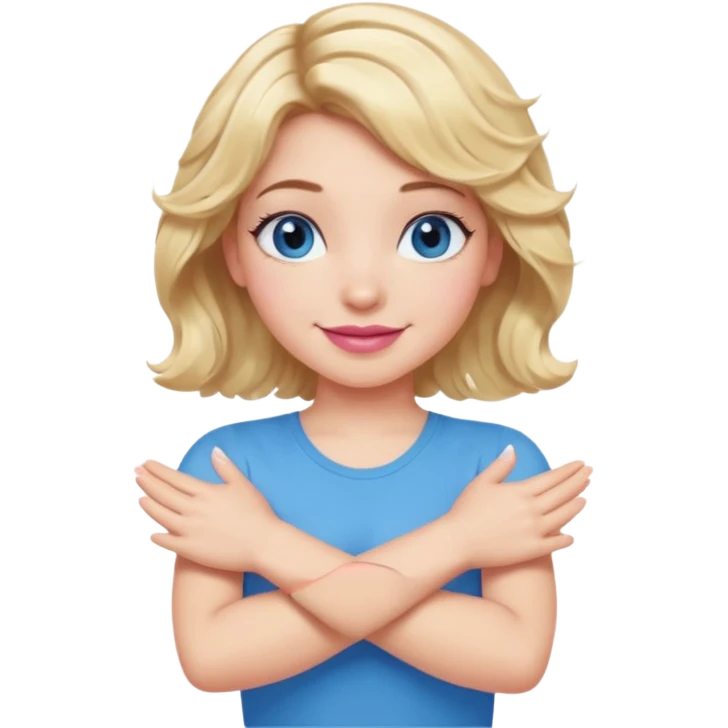 Girl Blonde short wavy hair,  blue eyes, cute blue top, long lashes, pink lips, smiling, making cross arms X with arms  emoji