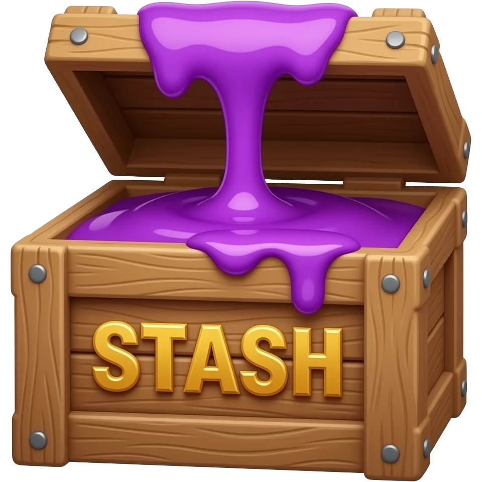 a box with purple syrup flowing out of it and a large inscription on the box saying "STASH" emoji