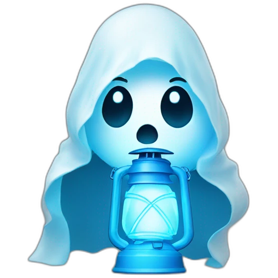 Ghost outlined in glowing white, holding a neon-blue lantern emoji