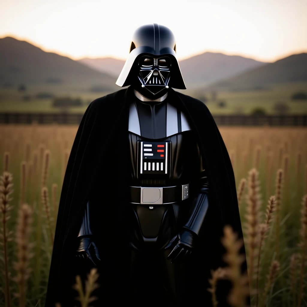 A portrait of a Darth vader in the foreground, blurred plants in the foreground (close to the camera), a wooden fence in the midground, rolling hills in the background, cinematic depth of field, layered composition, natural lighting emoji