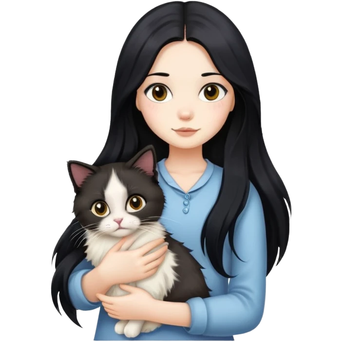Girl with long black hair holding a Ragdoll cat emoji