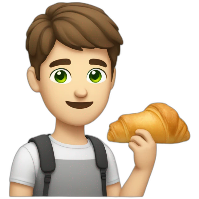 Man with short brown hair and green eyes eating croissant emoji