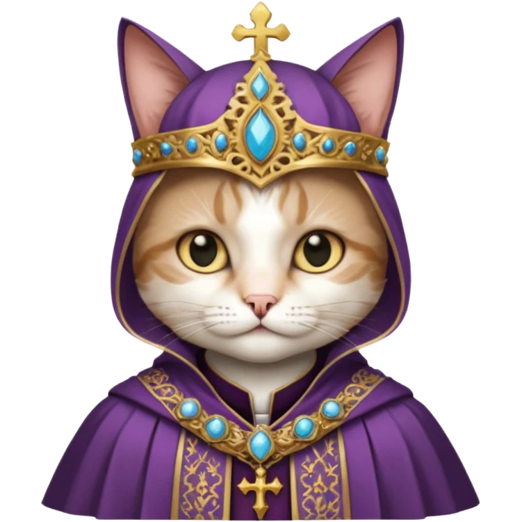 “Half-body humanoid figure with a realistic cat face, wearing ornate bishop robes and a mitre, dark gothic background, dramatic lighting, highly detailed.” emoji