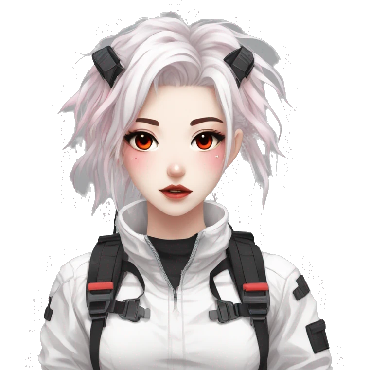 Gorgeous pastel white techwear anime style lady with blushing face aesthetic and pretty edgy black red white punk messy hair with collar and harness trending style emoji