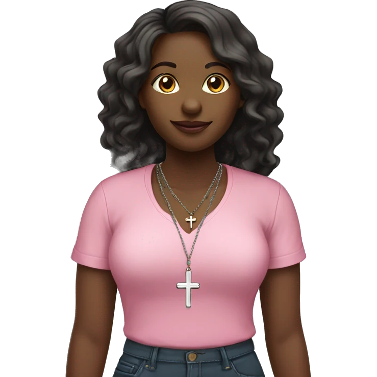 Full body christian black female pink shirt long wavy with cross necklace  emoji