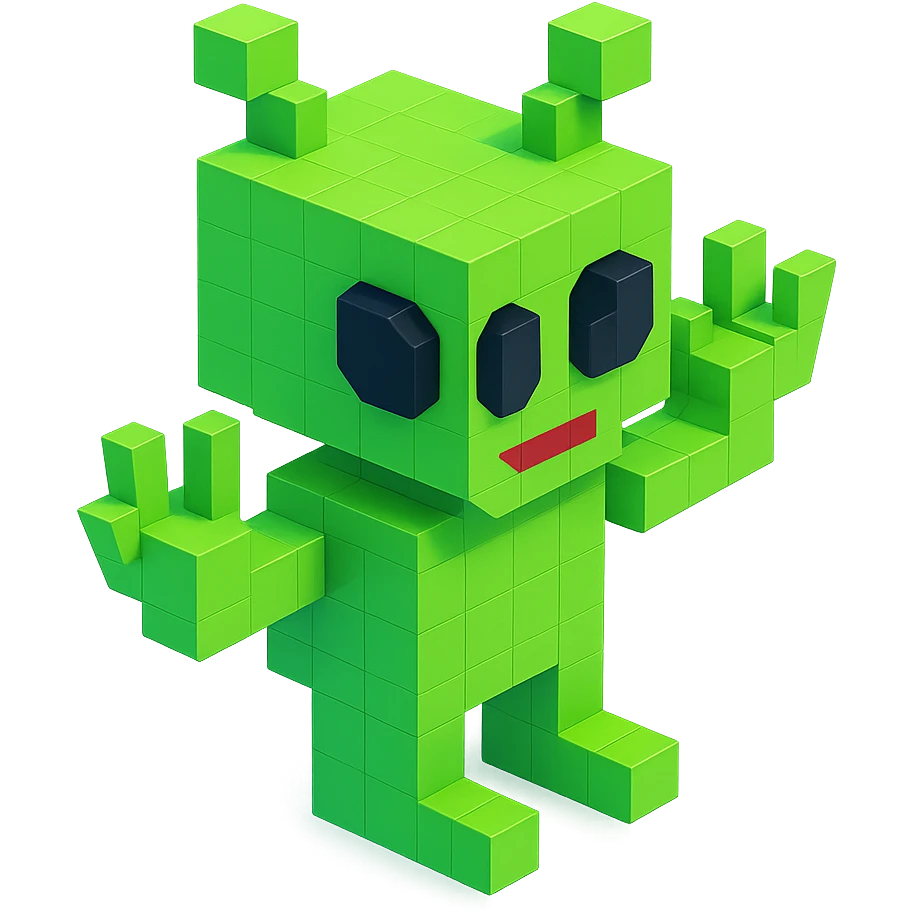 green alien with antennae and three fingers on each hand, isometric view emoji