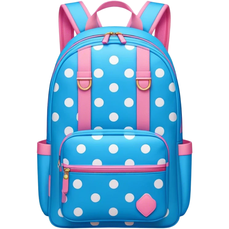 A stylish cute school backpack, medium-sized, bright blue color, It features a polka dots pattern of across the front pocketwith white and pink color, giving it a sleek yet dynamic look, front view emoji