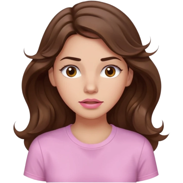 girl with wavy long brown hair, brown eyes, light to medium complexion, long lashes, light pink lipstick, wearing light pink shirt, sweating emoji