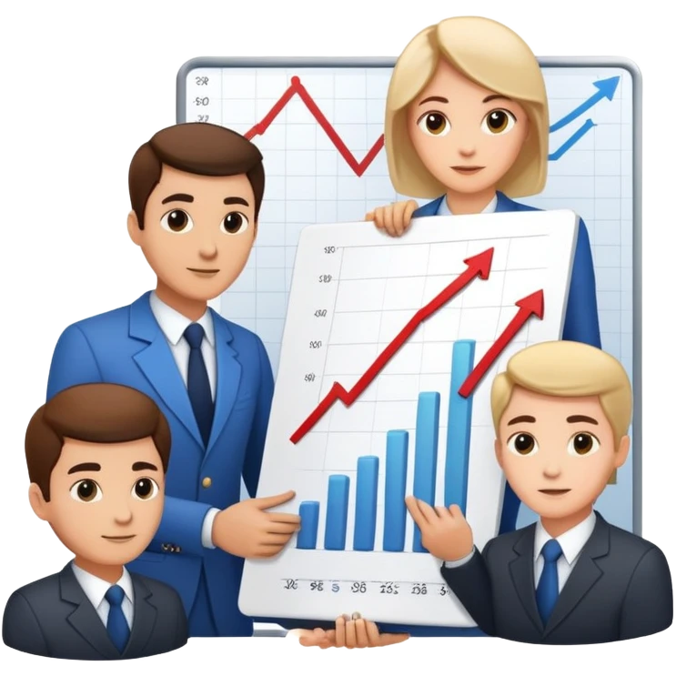 Professional leader with chart showing growth, presenting to team emoji