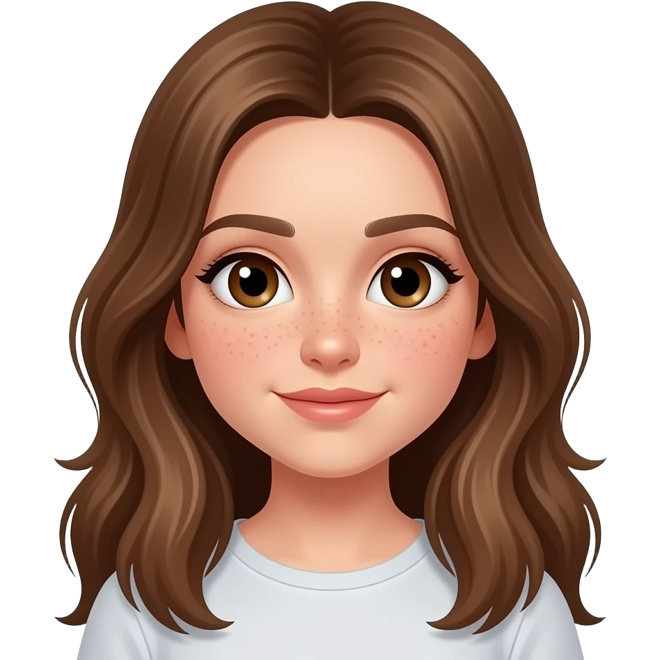 una chica  guapa con los ojos grandes marrones, con la cara llena de pecas  i el pelo avellana muy largo de 15 años emoji