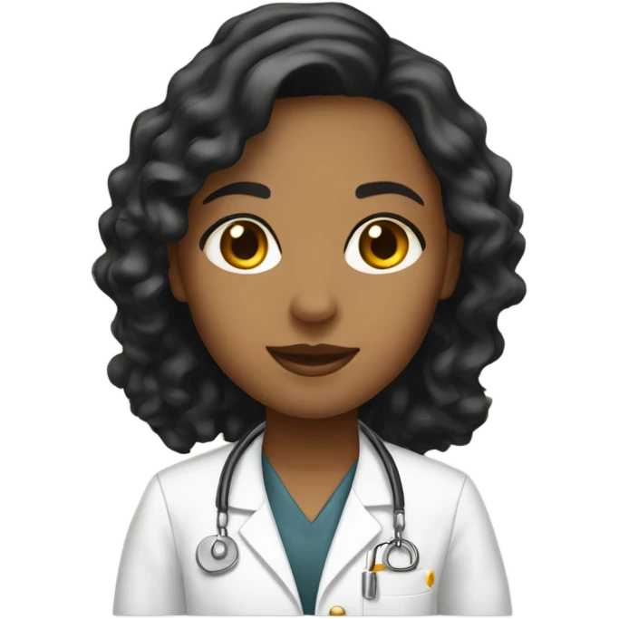 girl emoji. she has black and wavy bob for her hair.  she has dark brown eyes and a lab coat on. she has small gold hoop earrings and a gold chain necklace.  emoji