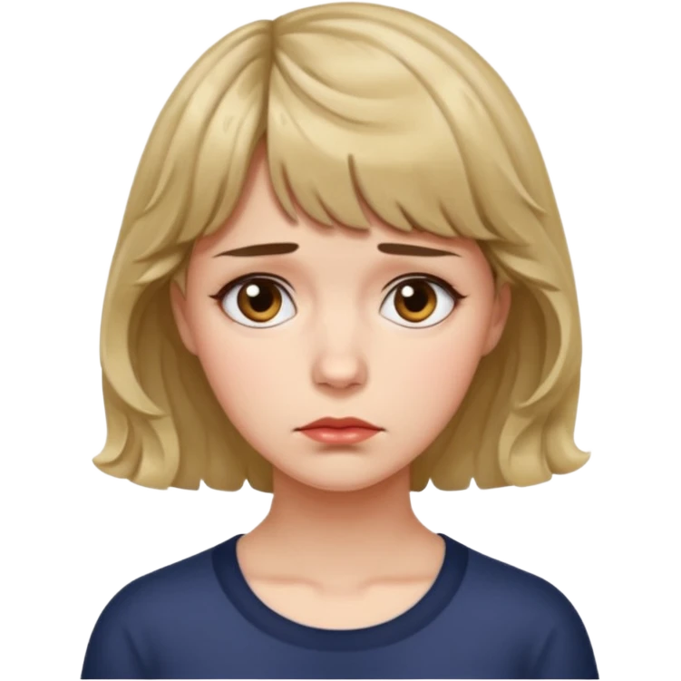 quero que você cria uma mulher, o rosto dela. nela, ela tem cabelo curto e ondulado, tem franja e ela tem semblante triste emoji
