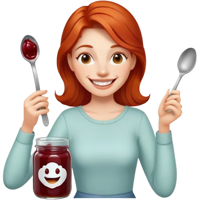 redhead woman with big smile taking some jam with a spoon from glass jar emoji