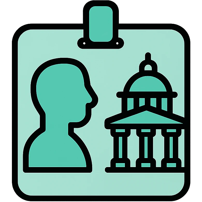 Public service badge with profile silhouette and government building, fluid dimensional design, techy style, black outlines with mint green #B5F4D3 fills emoji