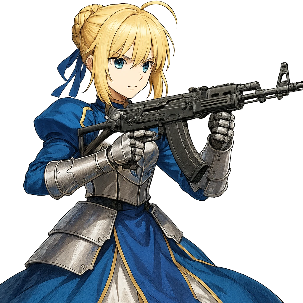 Artoria Pendragon from Fate Grand Order holding a Polish Beryl 96 rifle, detailed anime style, blue and silver armor, blonde hair, blue eyes, heroic pose emoji