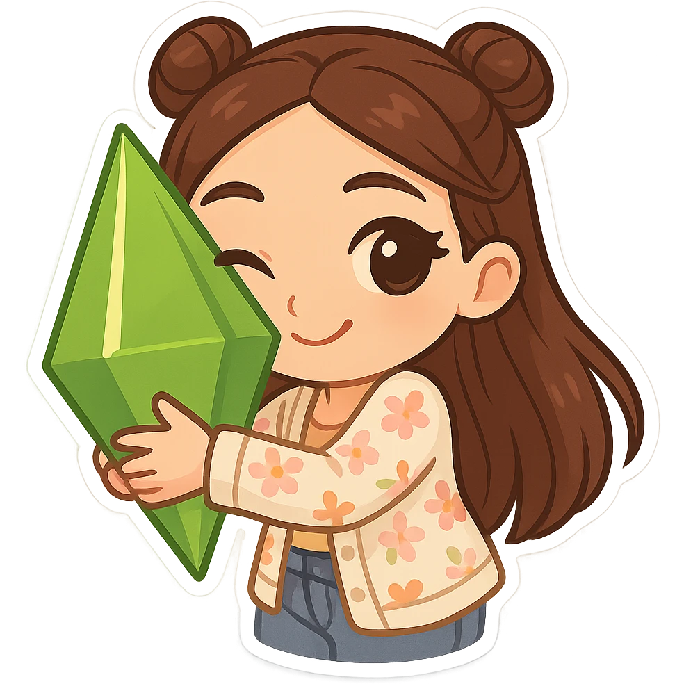 Create a chibi sticker of the girl from the reference image. She has brown straight hair styled in double buns, brown eyes, wearing a pastel floral cardigan and jeans. The expression is flirty and she is hugging a plumbob. The sticker should have a white outline and a transparent background, sized 512x512px. emoji