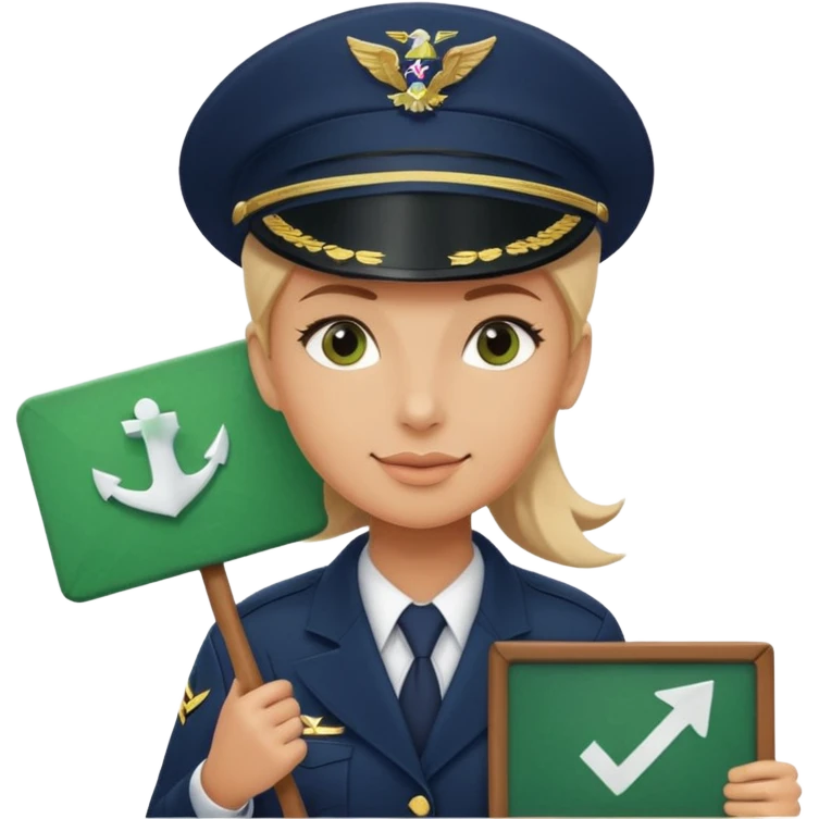 Slack-style emoji of a pilot wearing a slightly tilted navy captain hat holding a green board with a white check mark emoji