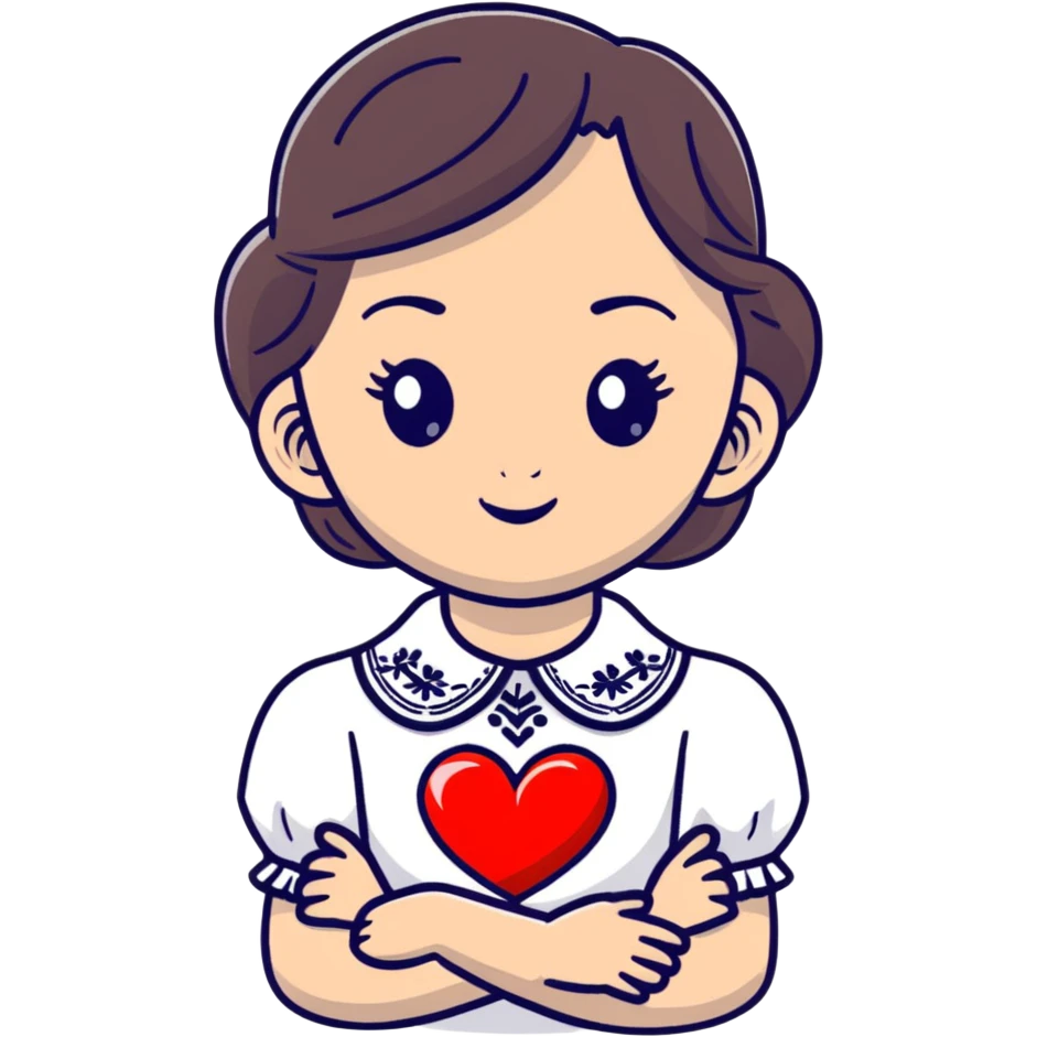 beautiful young girl wearing a white Ukrainian embroidered shirt with a big heart emoji