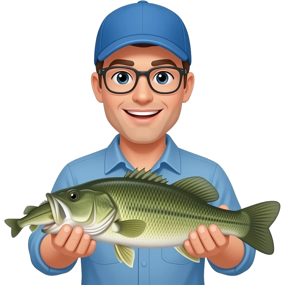 a guy with a blue shirt and blue hat holding a largemouth bass and the fish hes holding has another bass in its mouth emoji