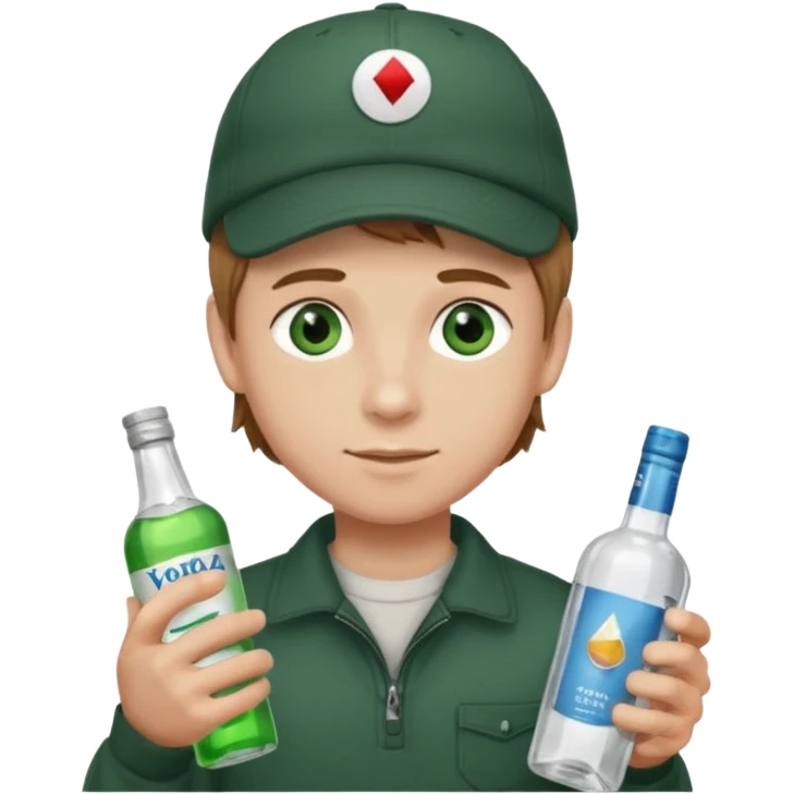 garçon avec yeux vert foncé qui a une puff 16k jnr à l’un main et une bouteille de vodka à la main avec une coupe casquette et les cheveux chatin clair  emoji