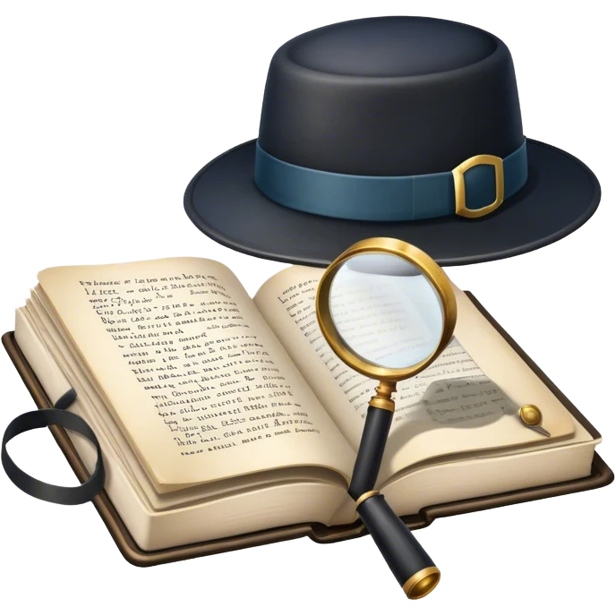 Icon for Detective Reading: an open book with text and a magnifying glass, a detective’s hat and a notebook with clues, surrounded by dark shadows and mysterious elements like footprints. Transparent background. emoji