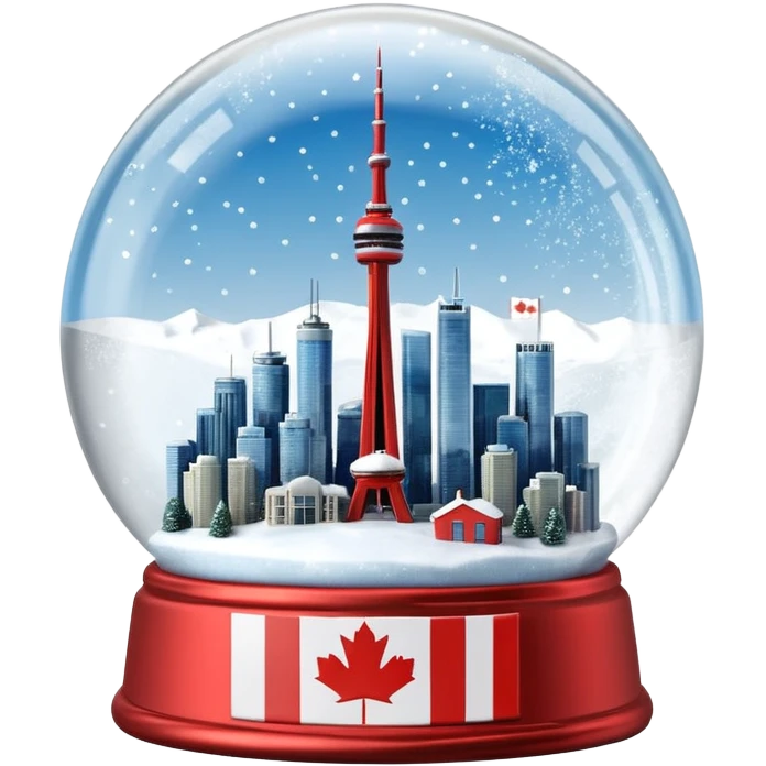 A Tiny beautiful hyperrealistic Glass Snow globe, with Toronto City CN tower within the global, full of snow, with canadian flag, expressing  a snow storm in ontario. "TORONTO 2026" Craved into the metal label on front.  Isolated, 3D render  emoji