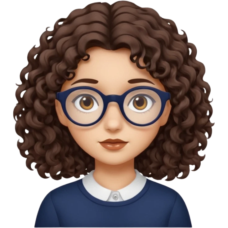 medium fair-skinned girl with brownish hazel eyes, roundish ovalish dark navy glasses, wavy curly choco brown hair, neutral expression emoji