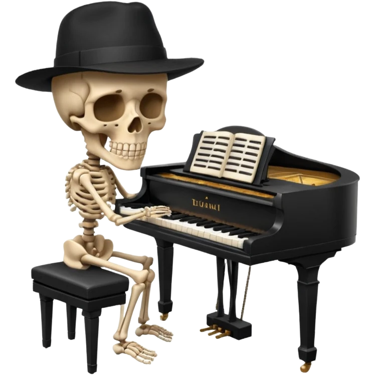 a human skeleton in anatomical proportion wears a black hat and plays the piano emoji