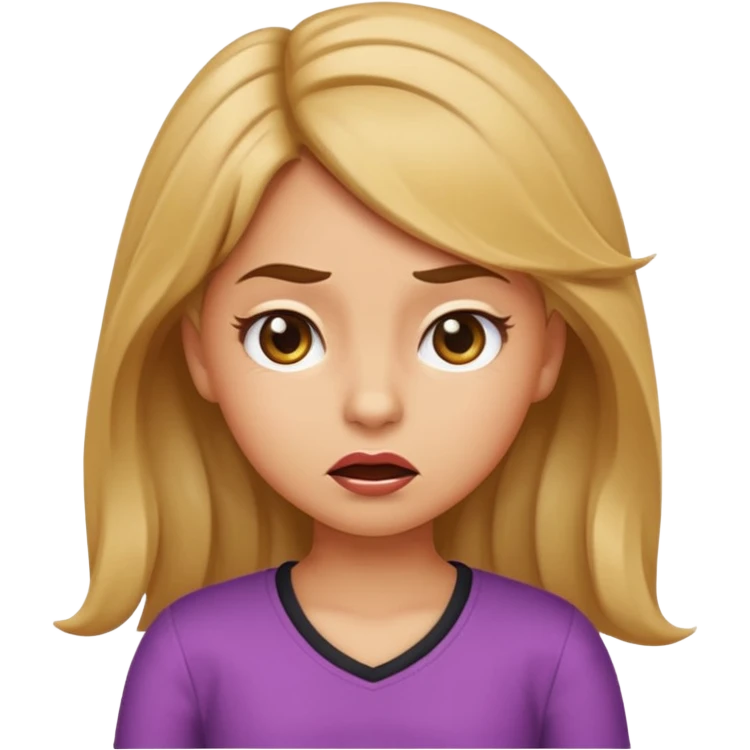 cartoon emoji of sassy elementary school girl with smug sarcastic expression, head tilted, lips pursed, one eyebrow raised, hand on hip, flipping hair, big expressive eyes, iOS emoji style emoji