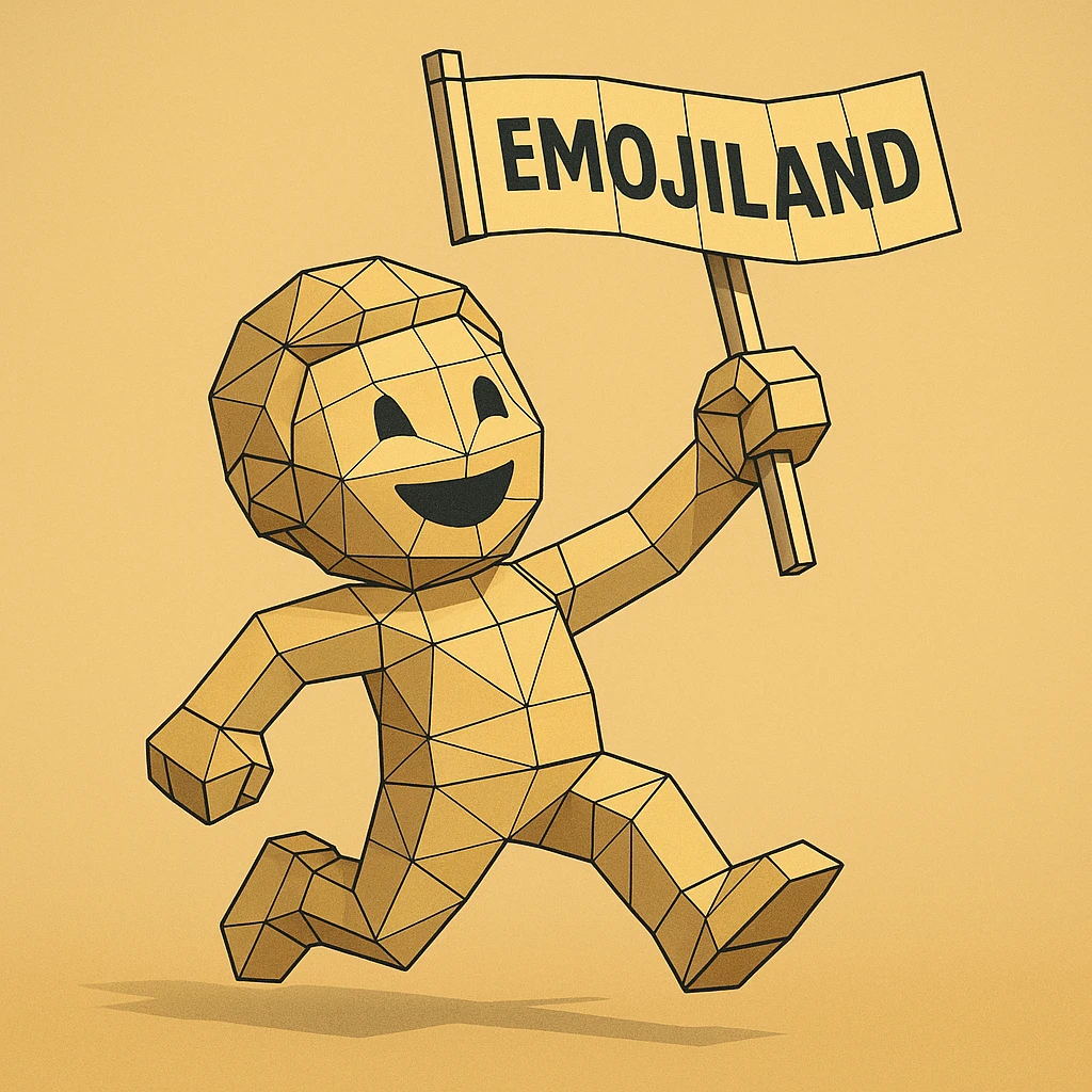 happy runner waving a flag that says 'emojiland' emoji