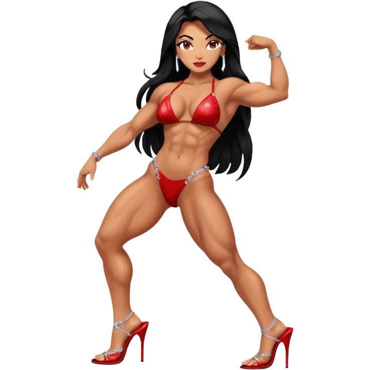 Bodybuilder woman with sparkly red bikini, clear high heels, and long black hair in a bodybuilding side pose emoji