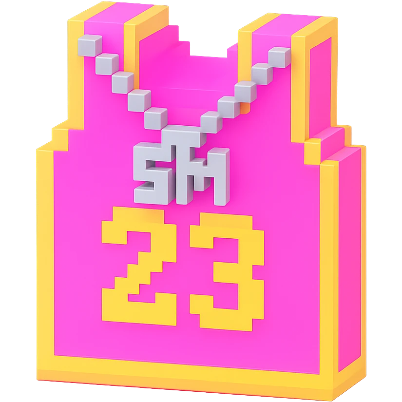 светящейся розовая баскетбольная майка с надписью "23" и серебряная цепь с надписью "SM", no background emoji