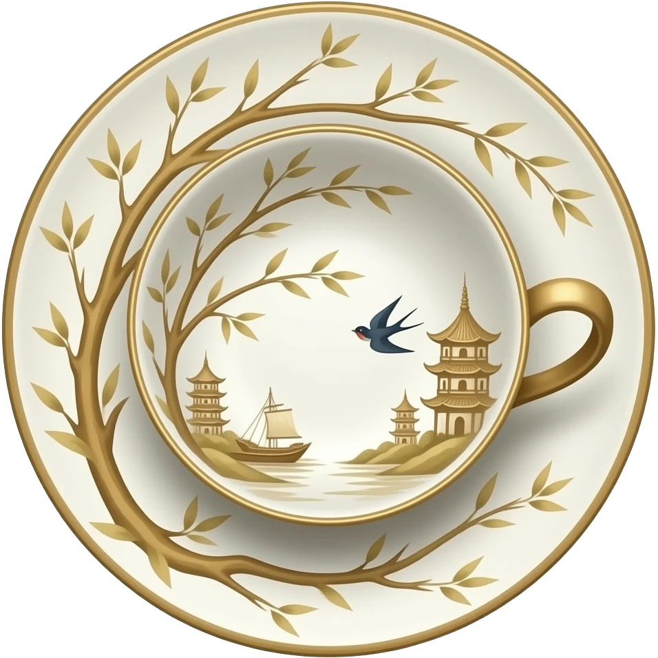 chinoiserie beige willow china pattern teacup and saucer with a boat, pagodas and two swallows emoji