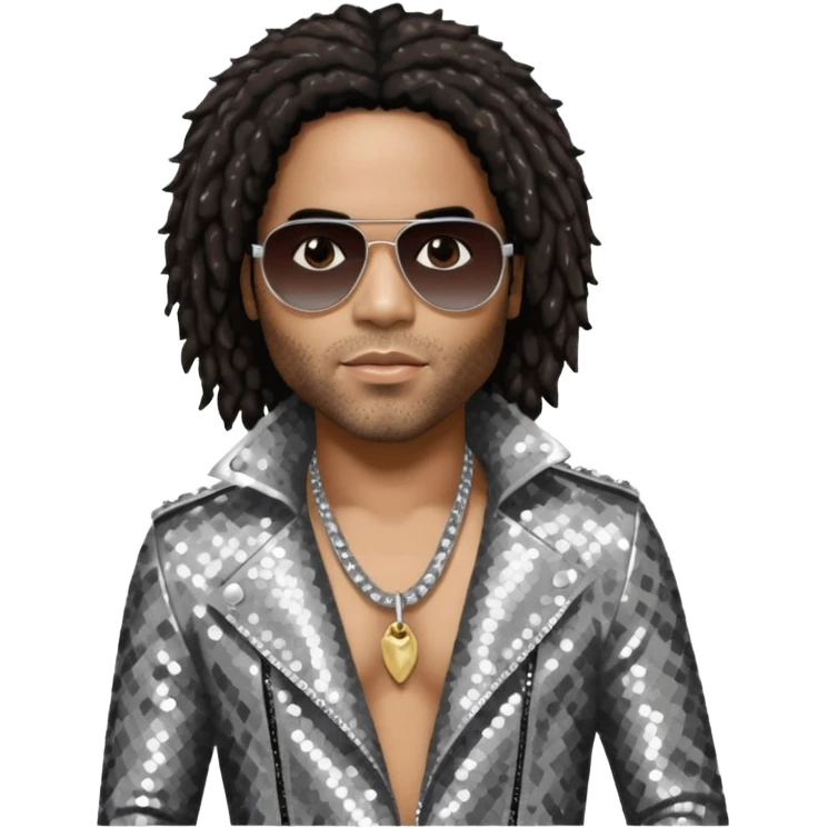 Lenny Kravitz with long dark brown hair, silver sequin outfit emoji