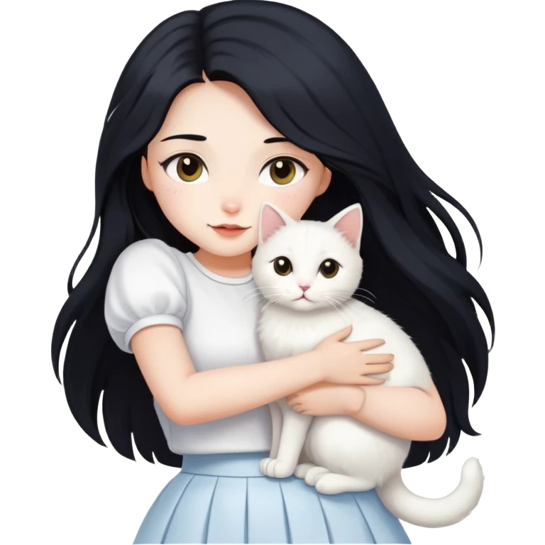 A beautiful girl with long black hair wearing a white skirt holds a cute white cat in her arms emoji