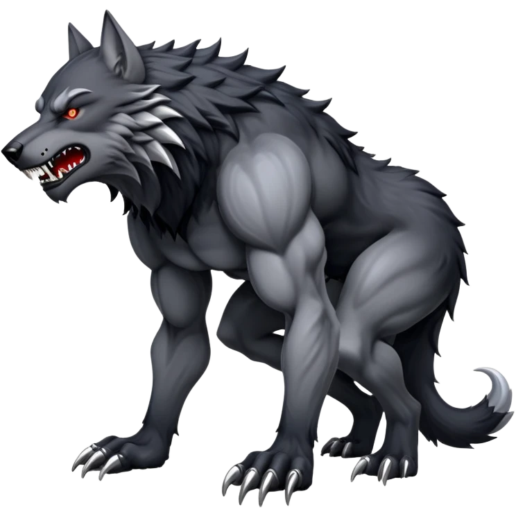 cinematic-noble-fierce-werewolf-full body on all fours-emoji, poised-and-imposing, with a tall, lean, and muscular wolfish frame inspired by the brutal, imposing shape of the beast from Berserk, fur rippling in shades of midnight black and silver, massive paws with razor-sharp claws, elongated limbs and fangs, eyes glowing with an intense, primal ferocity, reflecting the untamed power of the wild moonlit night; rendered with realism like a wolf hunched over emoji