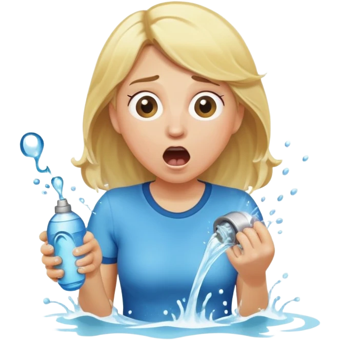 round-faced blond woman kneeling, surprised, cartoonish wide stick with a D-shaped knob coming out of pants hanging in front of her face, water stream squirting from the knob into her open mouth emoji