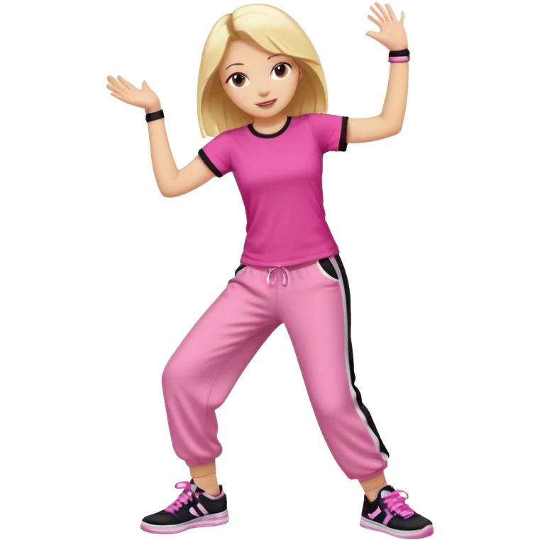 Hiphop dancer, with cute big pants, sneakers, and t-shirt. White girl blond. Coloufull shirt. No pocket pants. Dancing. No orange. Pink and black emoji