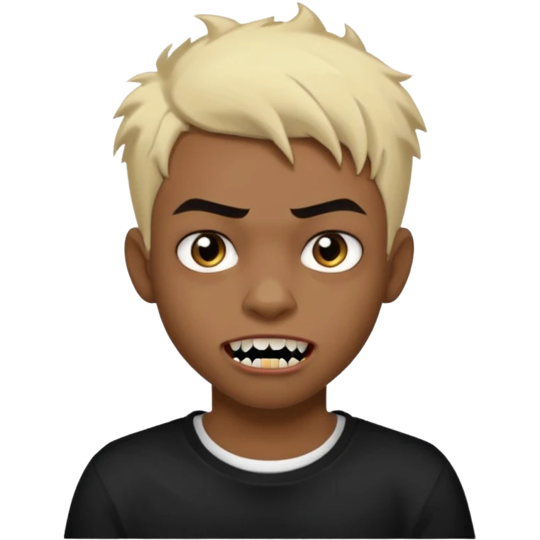 Black Male Teenager with Short punk messy blonde hair, Dark brown bushy eyebrows large expressive golden-brown eyes, wearing a plain white t-shirt, Dark Brown skin color. vampire tooth emoji