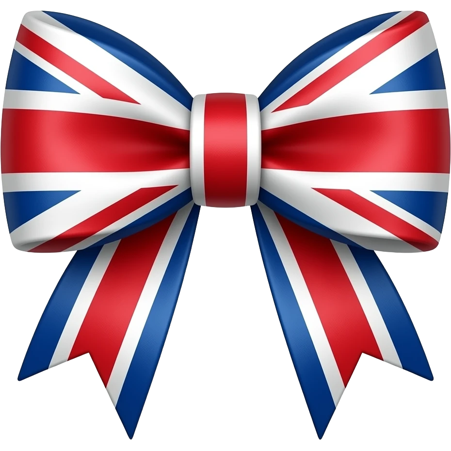 Decorative bow with Union Jack pattern, isolated, centered, no background, no text, vivid red white and blue, elegant and neatly shaped emoji