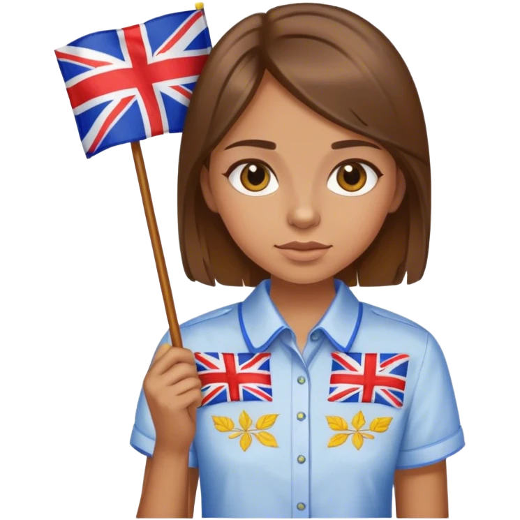 A Ukrainian girl with brown hair wearing an embroidered shirt holds a British flag emoji