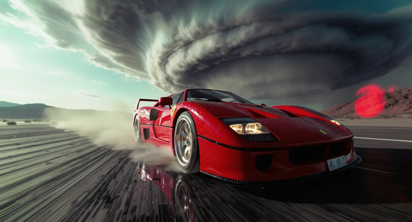 Cinematic still of a ferrari f40 around tornado od arizona desert, sun flare, captured by gopro hero with effect fisheye, water drops on car body, detailed, inspired by interstellar look, captured by a arri alexa, inspired by Wes Anderson emoji