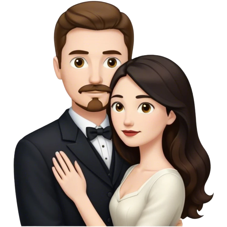 married couple portrait, tall white man with brown hair goatee mustache embracing a pale woman with long black hair, wearing formal clothing emoji