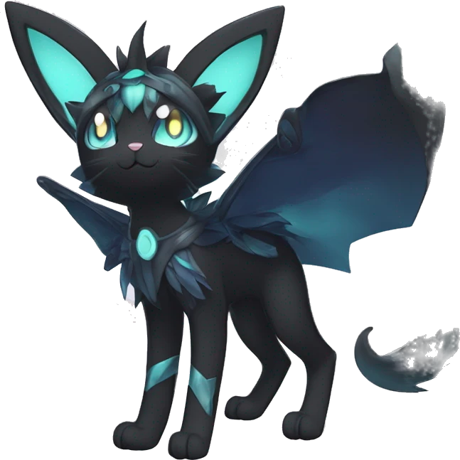 Shiny Cool Edgy pastel Black beautiful ethereal fantasy Kawaii Sona Umbreon-Litten-Fakemon-cat-animal with edgy bat-ears black mane vtuber model Full Body emoji