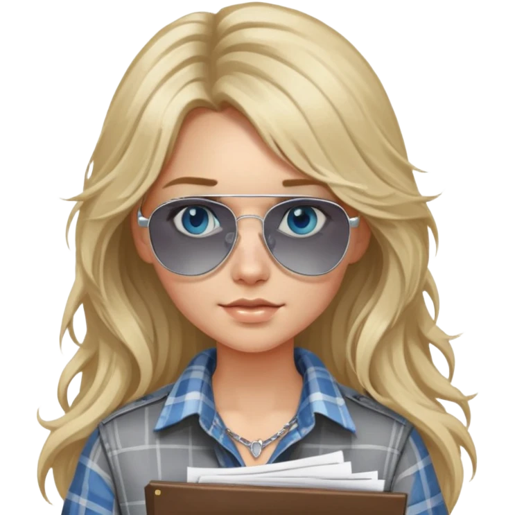 girl with long blond messy hair wearing grey plaid shirt with blue eyes and aviator sunglasses wearing a ring on her silver necklace, holding lawyer papers emoji