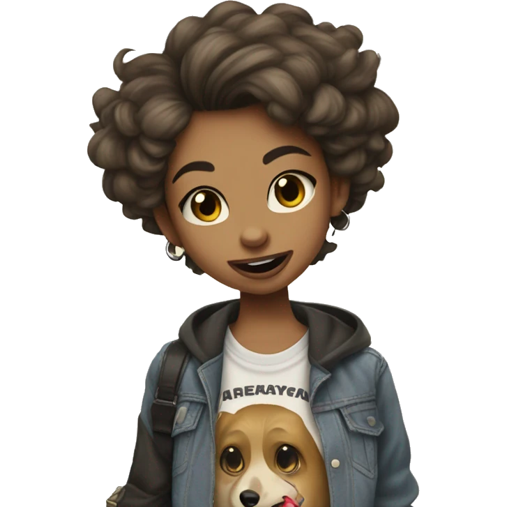 A GIRL WEARING GRUNGE FASHION SKATEBOARDING AND DOING A COOL TRICK WITH PEAE SIGN AND TOUNGUE OUT AND SHE HAS A WOLF HAIRCUT BROWN EYES AND TAN SKIN TONE emoji