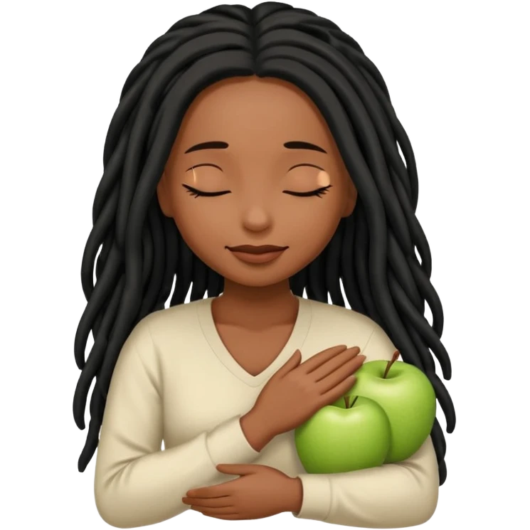 Soft feminine emoji with deep brown skin (Apple’s darkest), long black locs, eyes closed, gently cradling locs. Rounded, simple features, subtle smile. Clean, minimal Apple-style vector art, transparent background. emoji