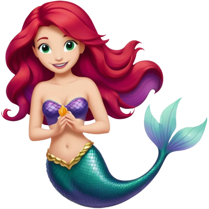 Disney Ariel mermaid with long red hair, green tail, and purple seashell top, smiling emoji